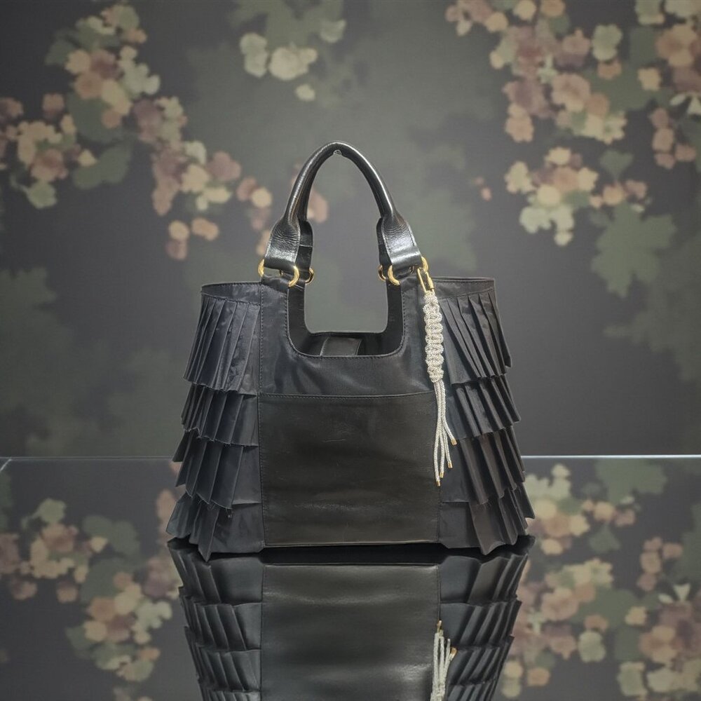 SERPUI Ruffle Tote Black Nylon Leather Trim Dual Handle Shoulder Bag REVOLVE